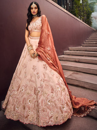 Beige Color Golden Sequined Using Thread,Coding & Zarkans Embroidered Viscos Semi-Stitched Lehenga choli with Contrast Dupatta