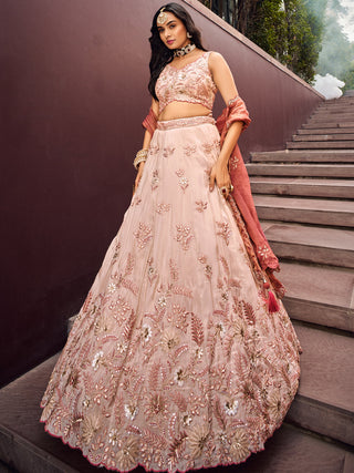 Beige Color Golden Sequined Using Thread,Coding & Zarkans Embroidered Viscos Semi-Stitched Lehenga choli with Contrast Dupatta