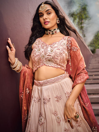 Beige Color Golden Sequined Using Thread,Coding & Zarkans Embroidered Viscos Semi-Stitched Lehenga choli with Contrast Dupatta