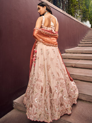 Beige Color Golden Sequined Using Thread,Coding & Zarkans Embroidered Viscos Semi-Stitched Lehenga choli with Contrast Dupatta