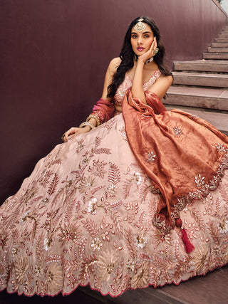Beige Color Golden Sequined Using Thread,Coding & Zarkans Embroidered Viscos Semi-Stitched Lehenga choli with Contrast Dupatta