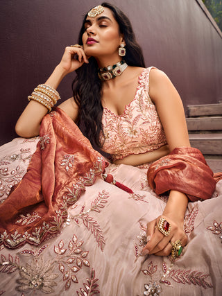 Beige Color Golden Sequined Using Thread,Coding & Zarkans Embroidered Viscos Semi-Stitched Lehenga choli with Contrast Dupatta