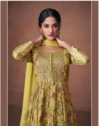 Yellow floral embroidered anarkali gown