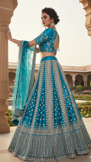 Turquoise Blue Bridal Lehenga with Silver Embroidery