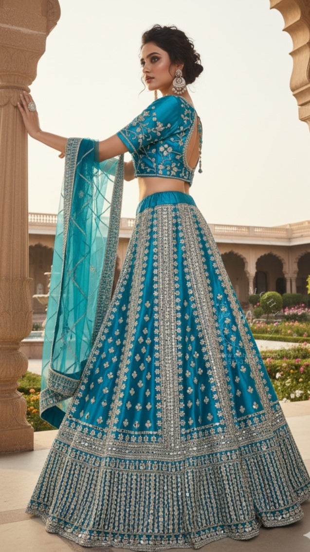 Turquoise Blue Bridal Lehenga with Silver Embroidery