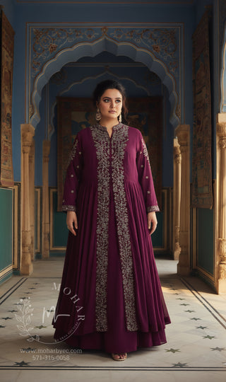 Burgundy Embroidered Sharara Set with Mirror Work & Dupatta