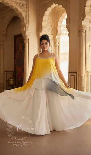Yellow and White Contemporary Gown with Sequin Panel