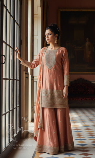 Peach Orange Embroidered Sharara Set with Dupatta