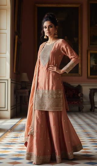 Peach Orange Embroidered Sharara Set with Dupatta