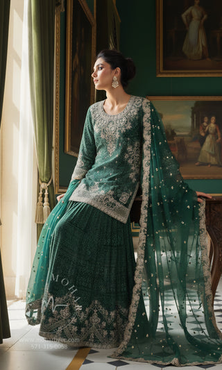 Emerald Green Embroidered Sharara Set with Dupatta
