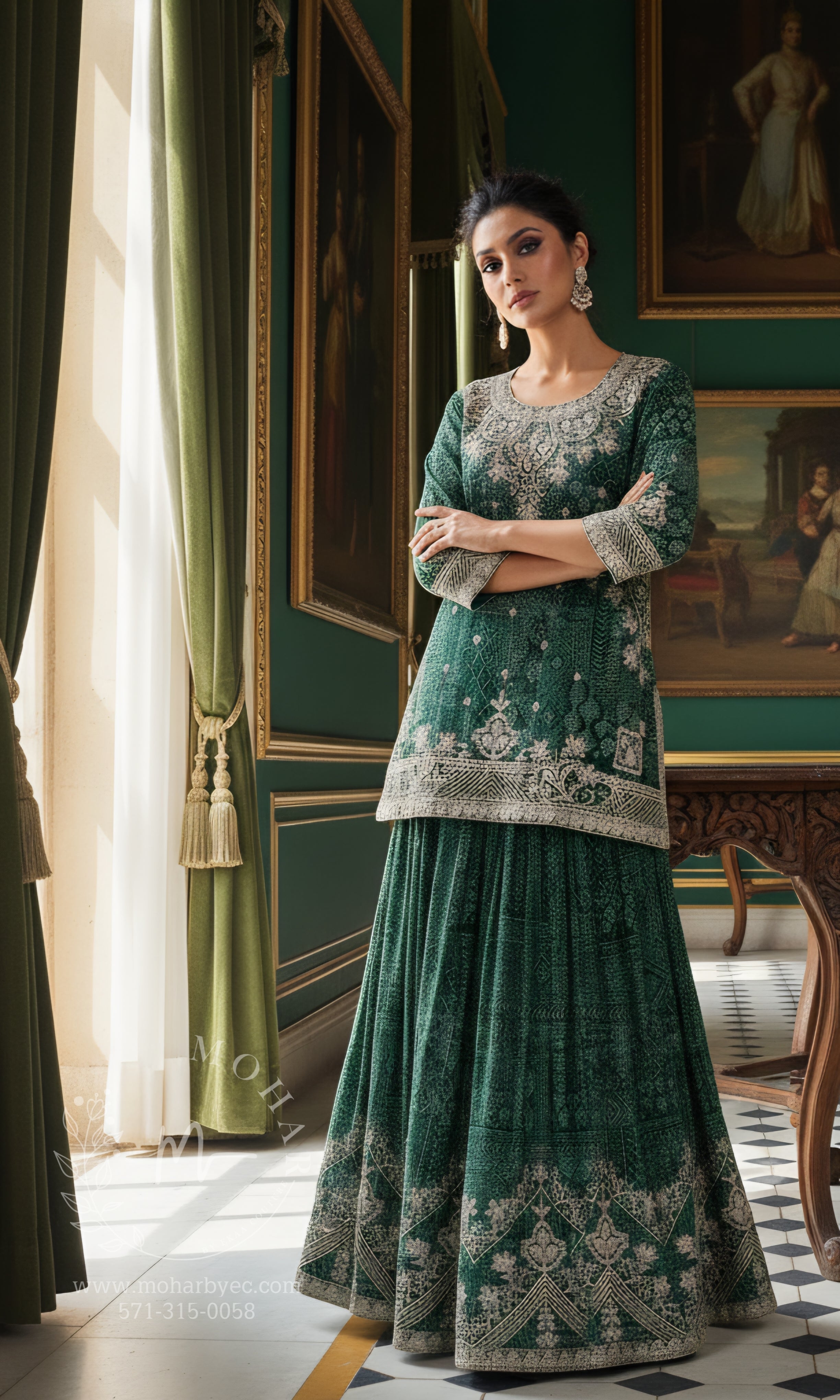 Emerald Green Bandhani Embroidered Lehenga with Kurti
