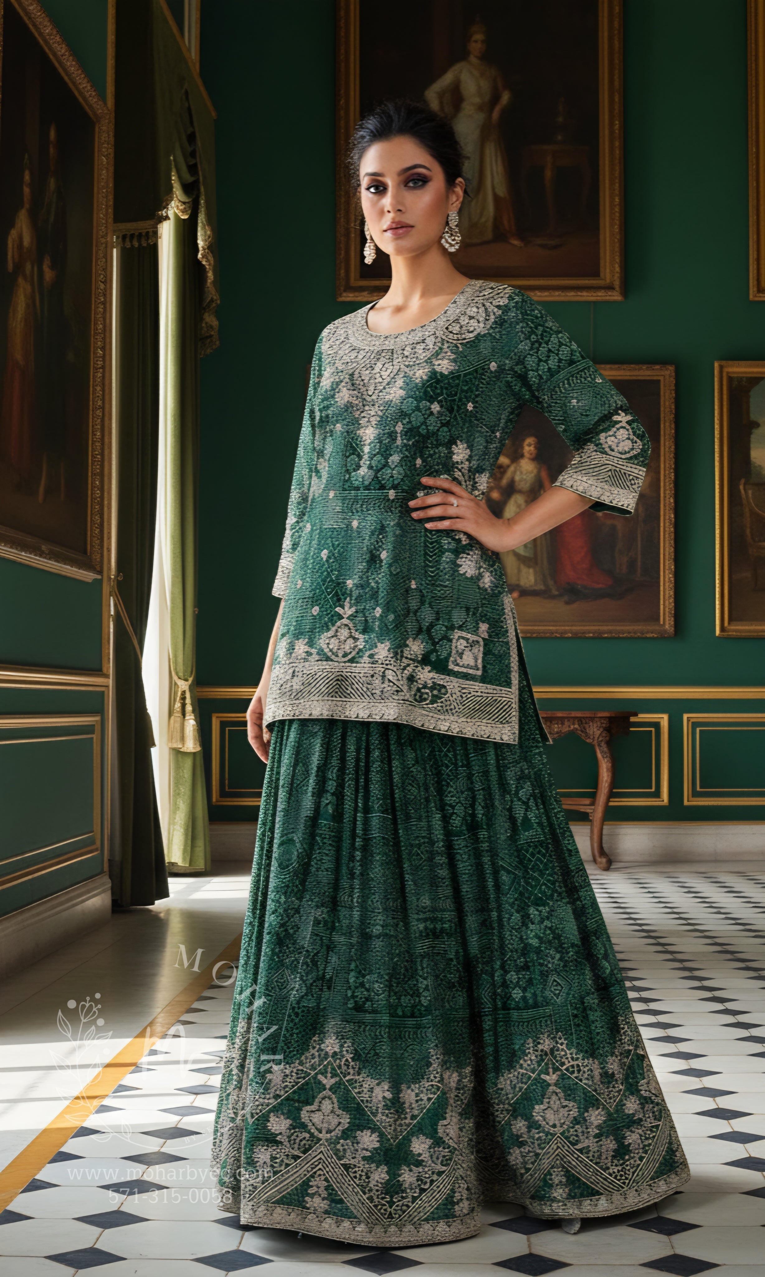 Emerald Green Bandhani Embroidered Lehenga with Kurti
