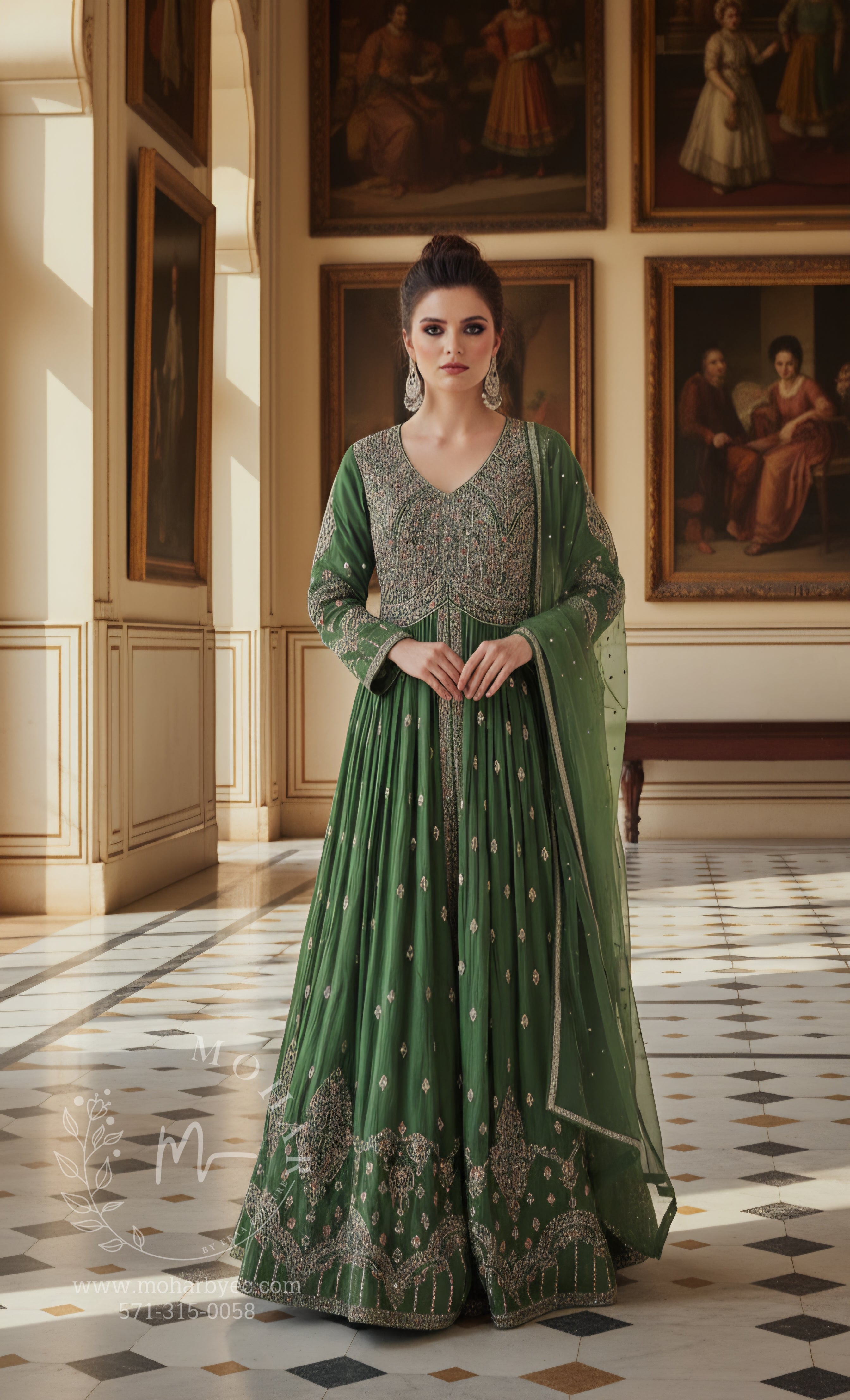 Forest Green Embroidered Anarkali Gown with Dupatta