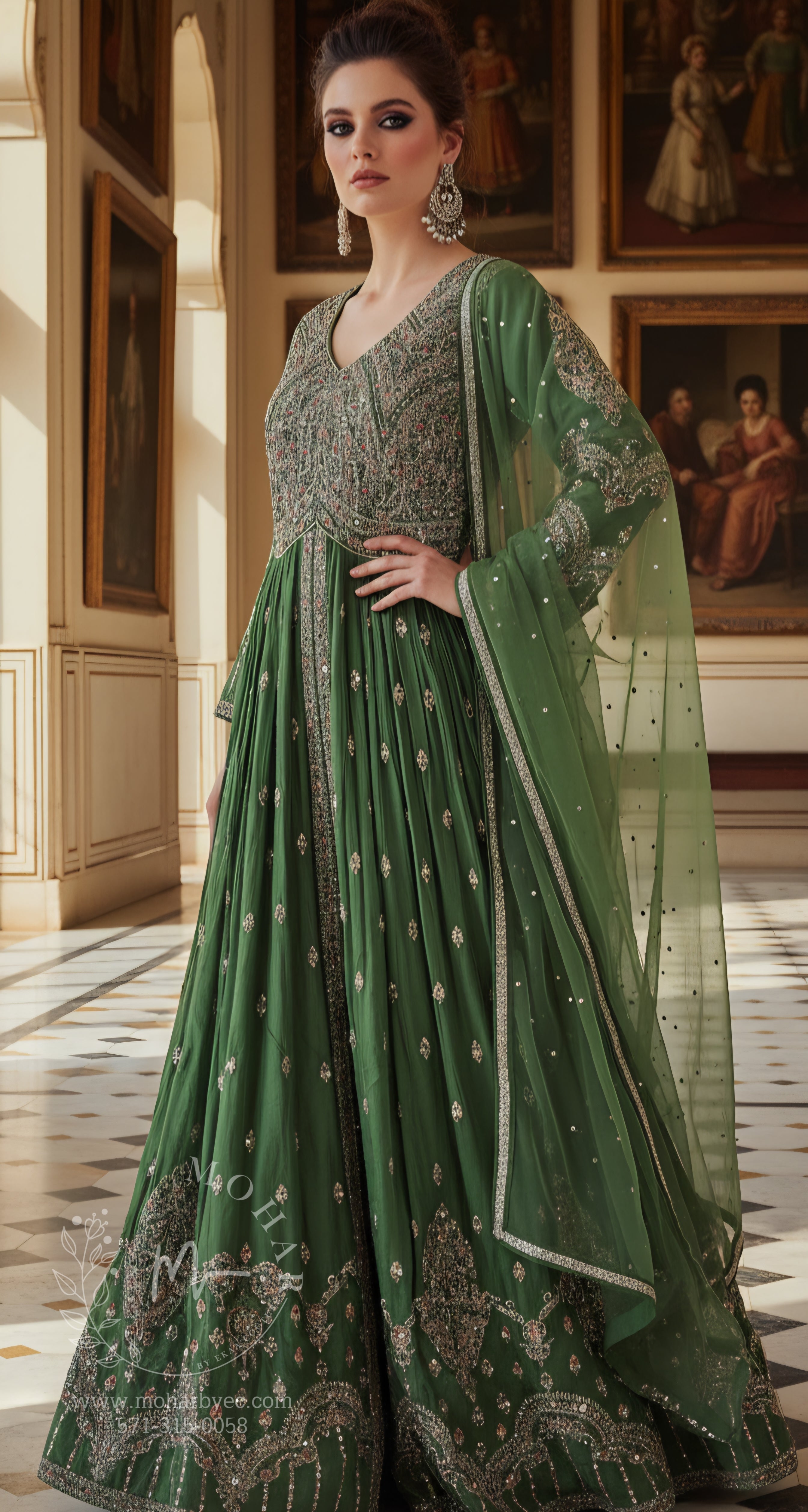 Forest Green Embroidered Anarkali Gown with Dupatta
