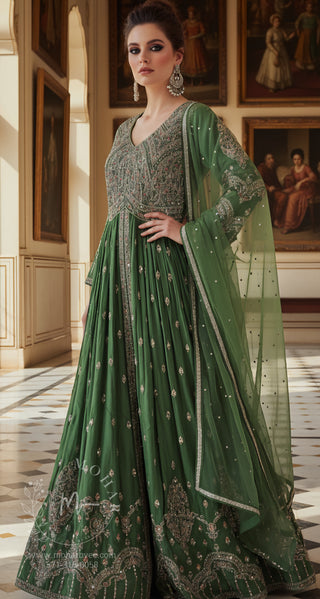 Forest Green Embroidered Anarkali Gown with Dupatta