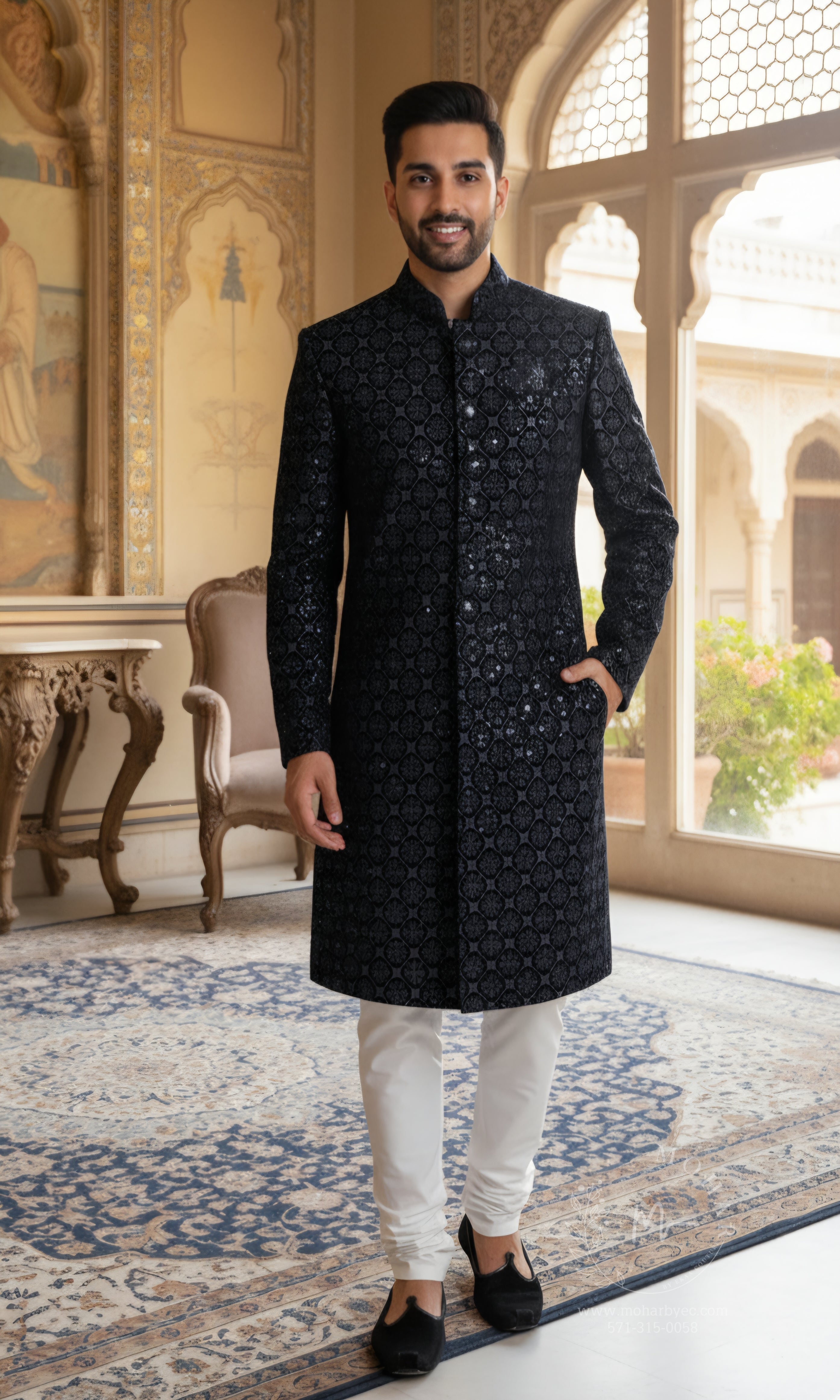 Black Embroidered Sherwani with Intricate Detailing
