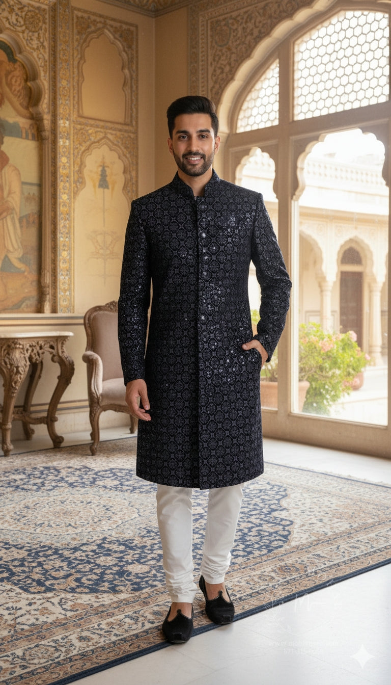 Black Embroidered Sherwani with Intricate Detailing