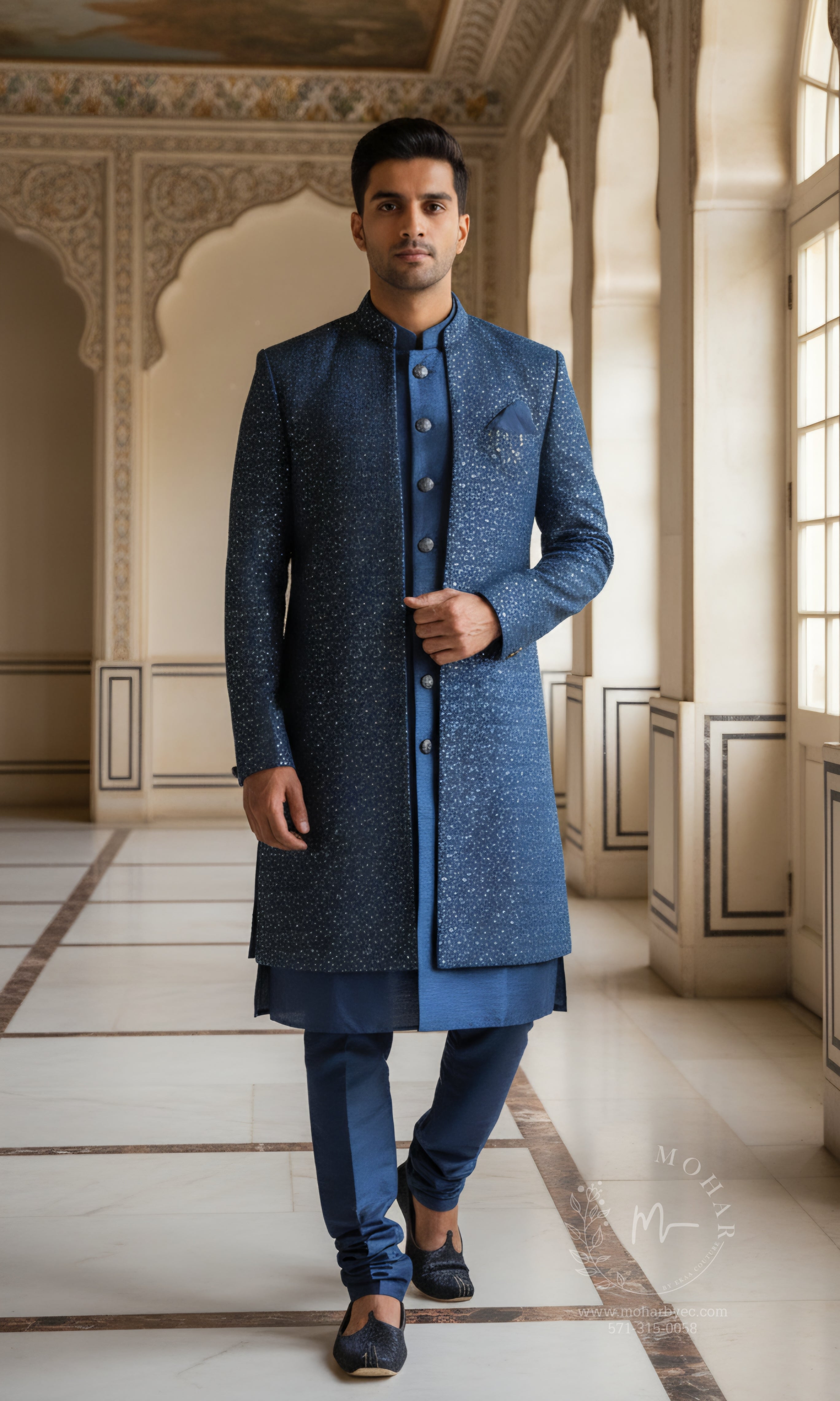 Royal Blue Sherwani with Shimmer Embellishments