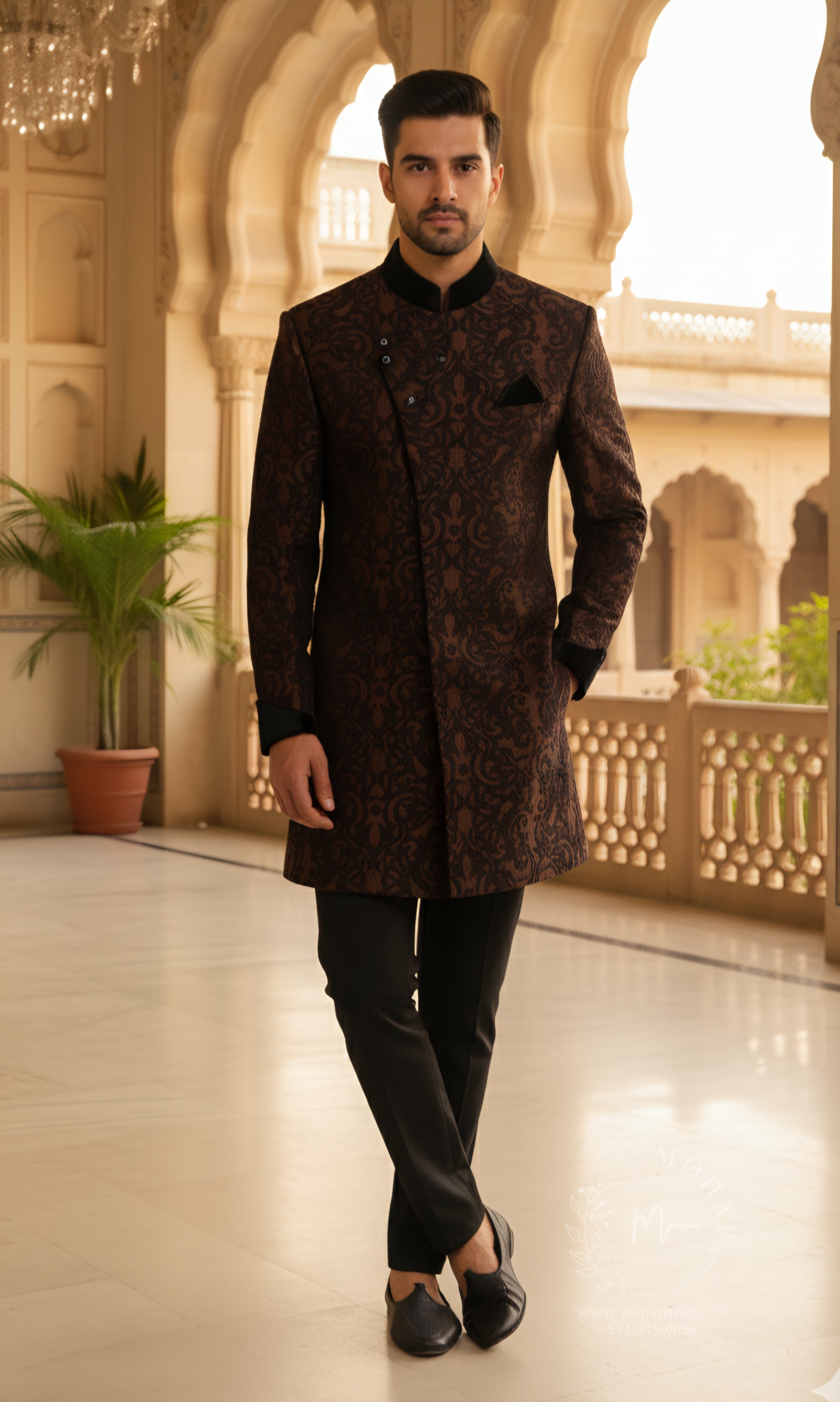 Black Sherwani with Brown Jacquard Design