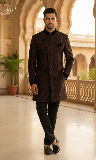 Black Sherwani with Brown Jacquard Design