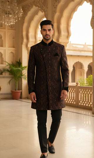 Black Sherwani with Brown Jacquard Design