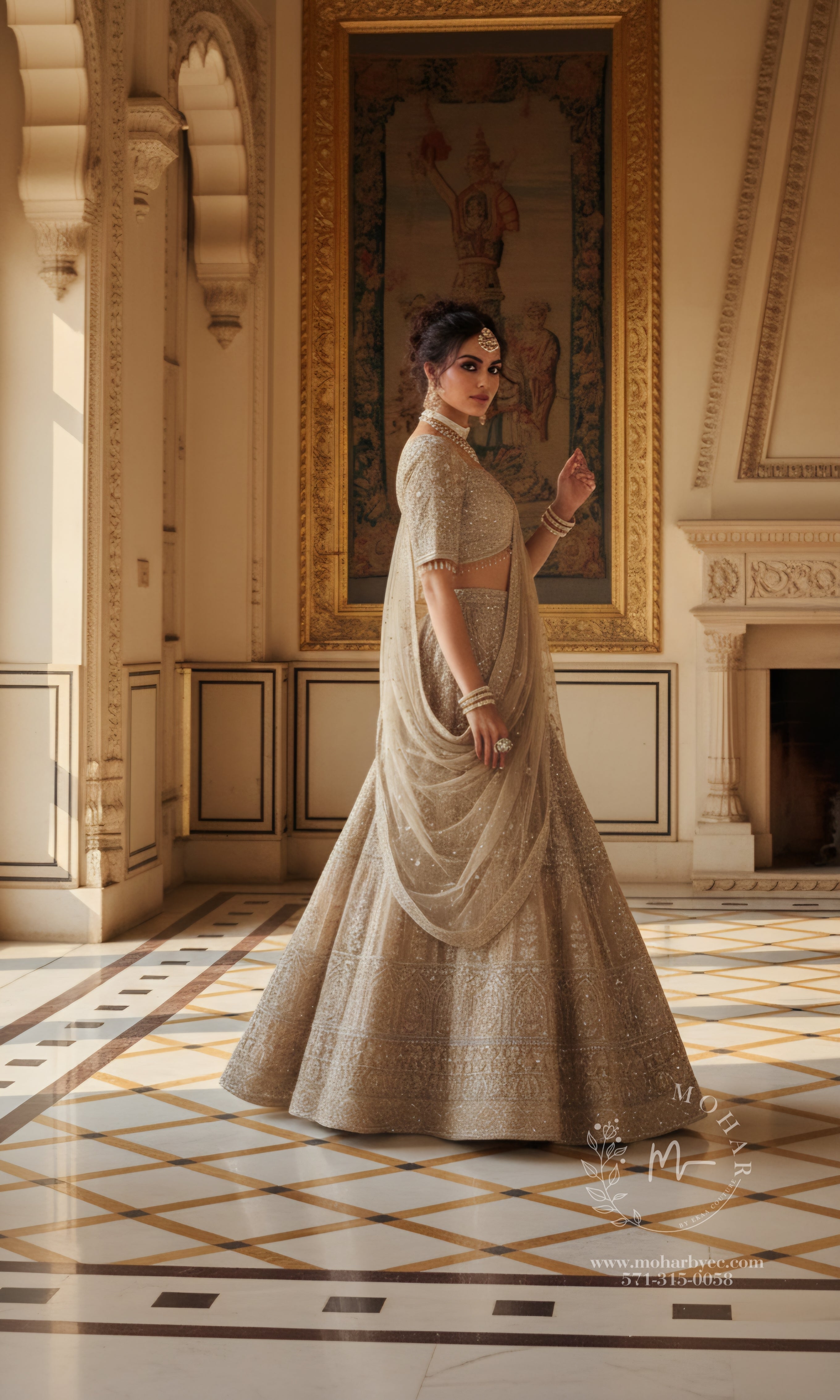 Champagne Gold Embroidered Lehenga Choli with Sleeves - Luxury Bridal Collection