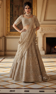 Champagne Gold Embroidered Lehenga Choli with Sleeves - Luxury Bridal Collection