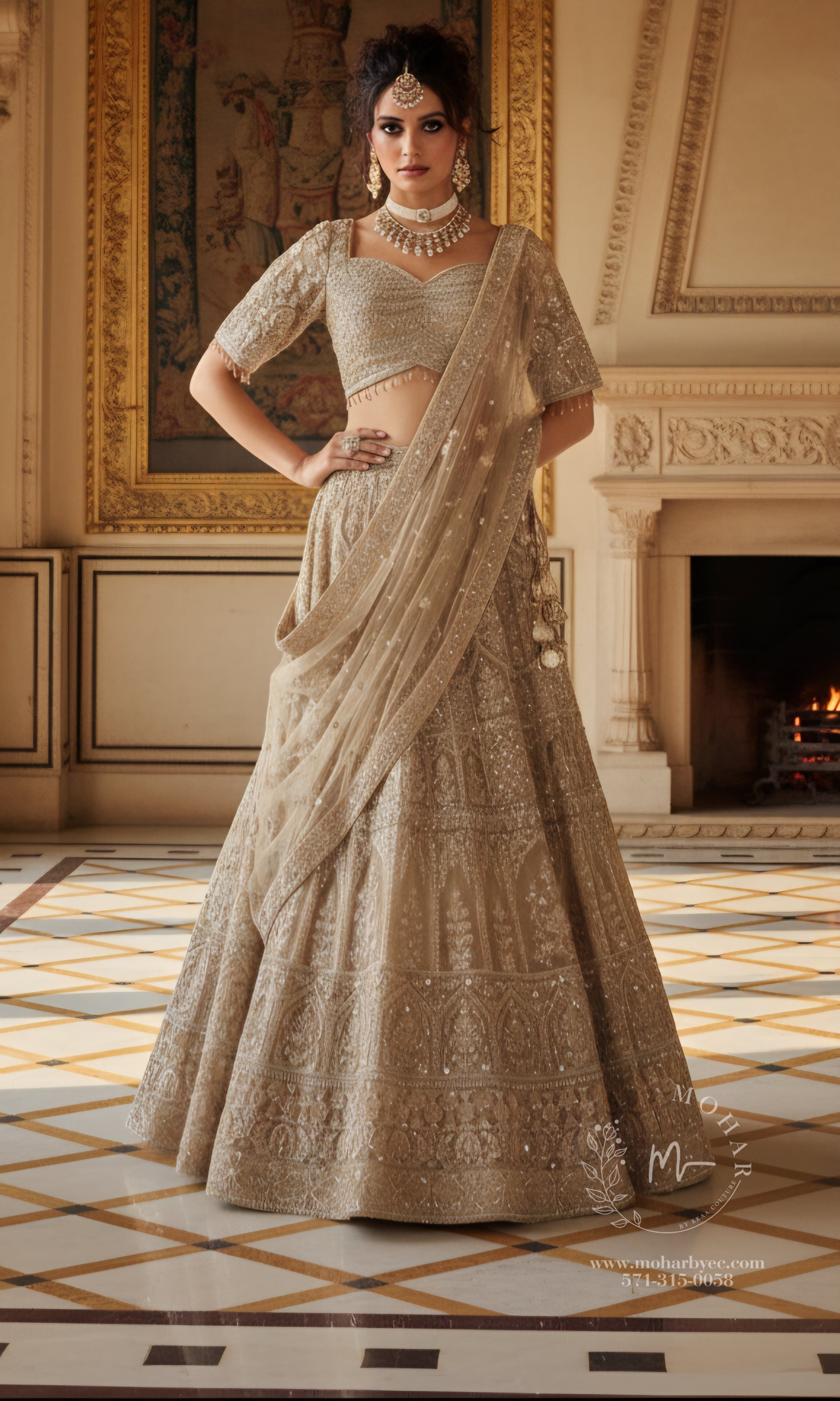 Champagne Gold Embroidered Lehenga Choli with Sleeves - Luxury Bridal Collection