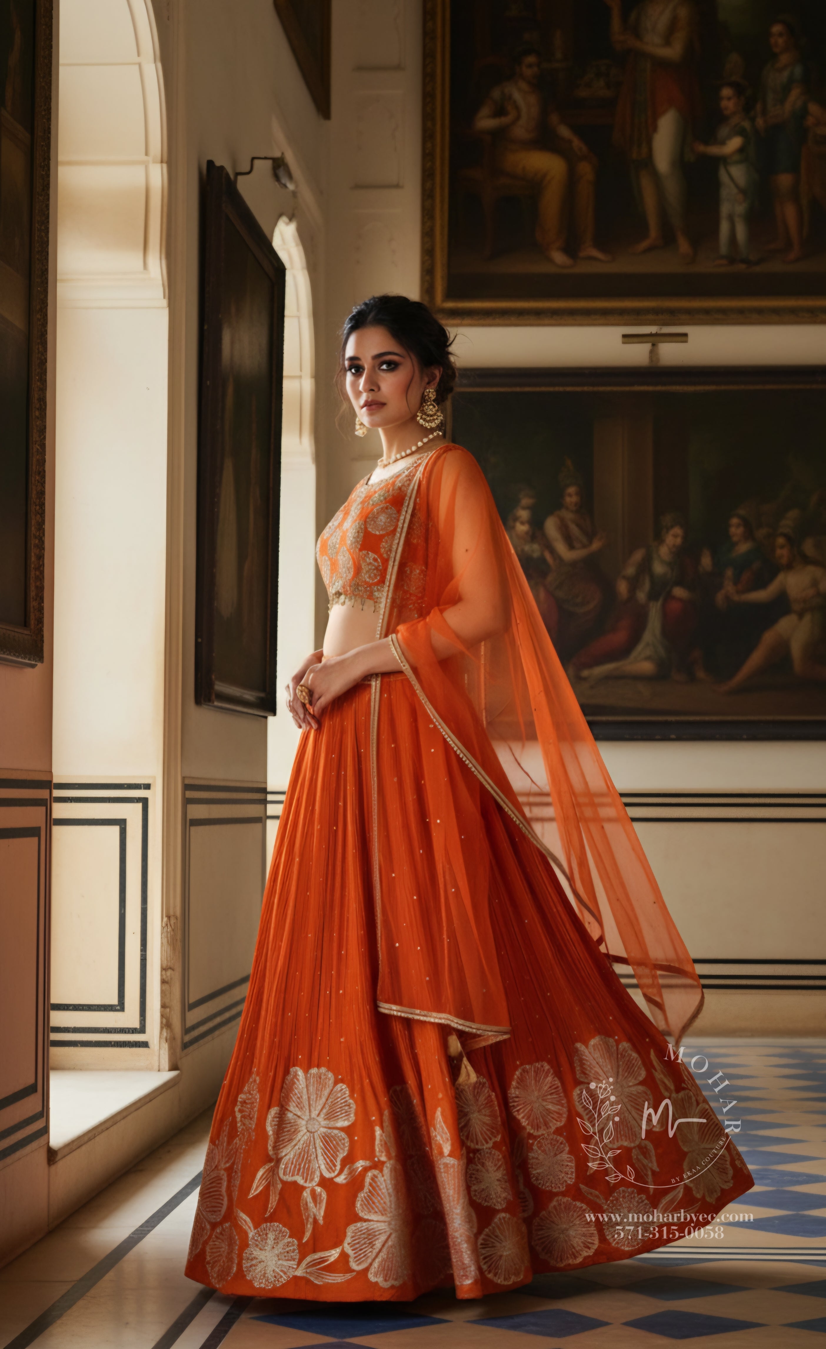 Orange and Gold Floral Silk Lehenga