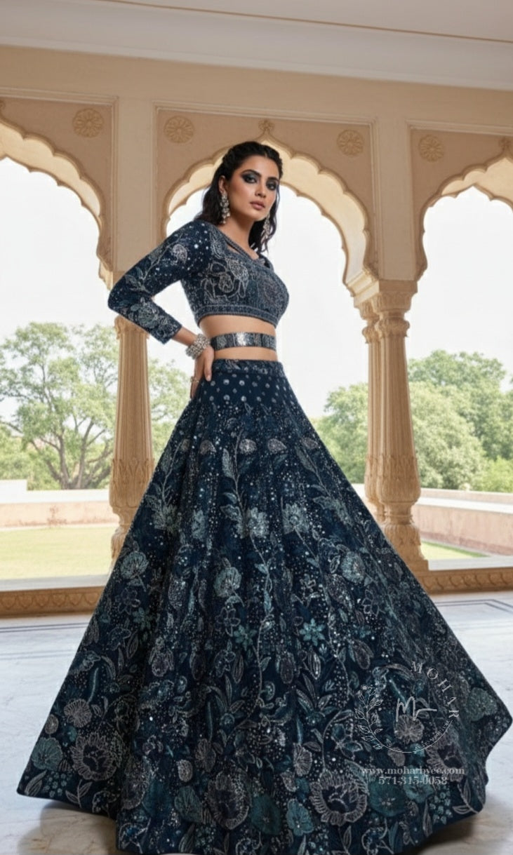 Navy Blue Embroidered Lehenga