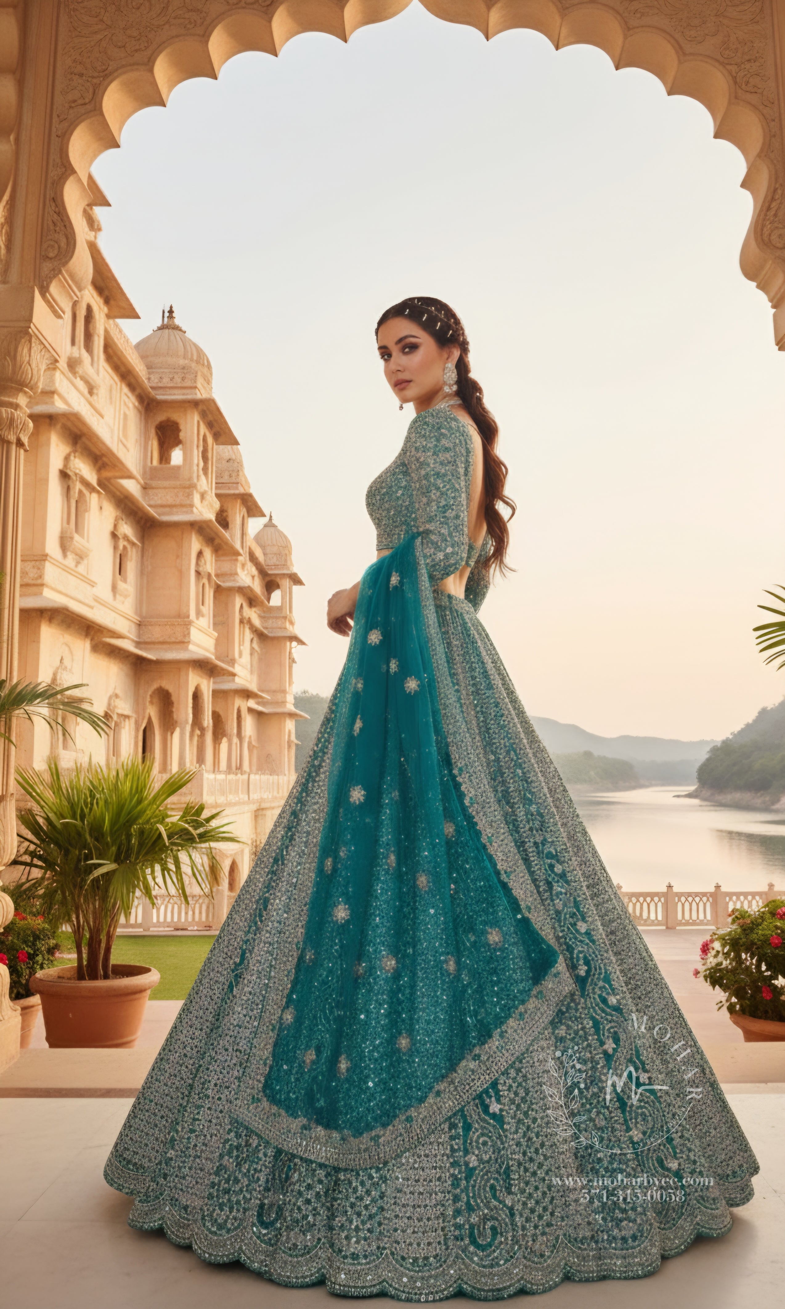 Turquoise Mirror work Lehenga