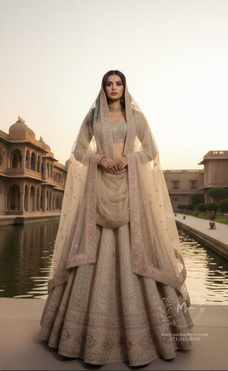 Champagne Peacock Net Lehenga - Luxe Bridal Collection
