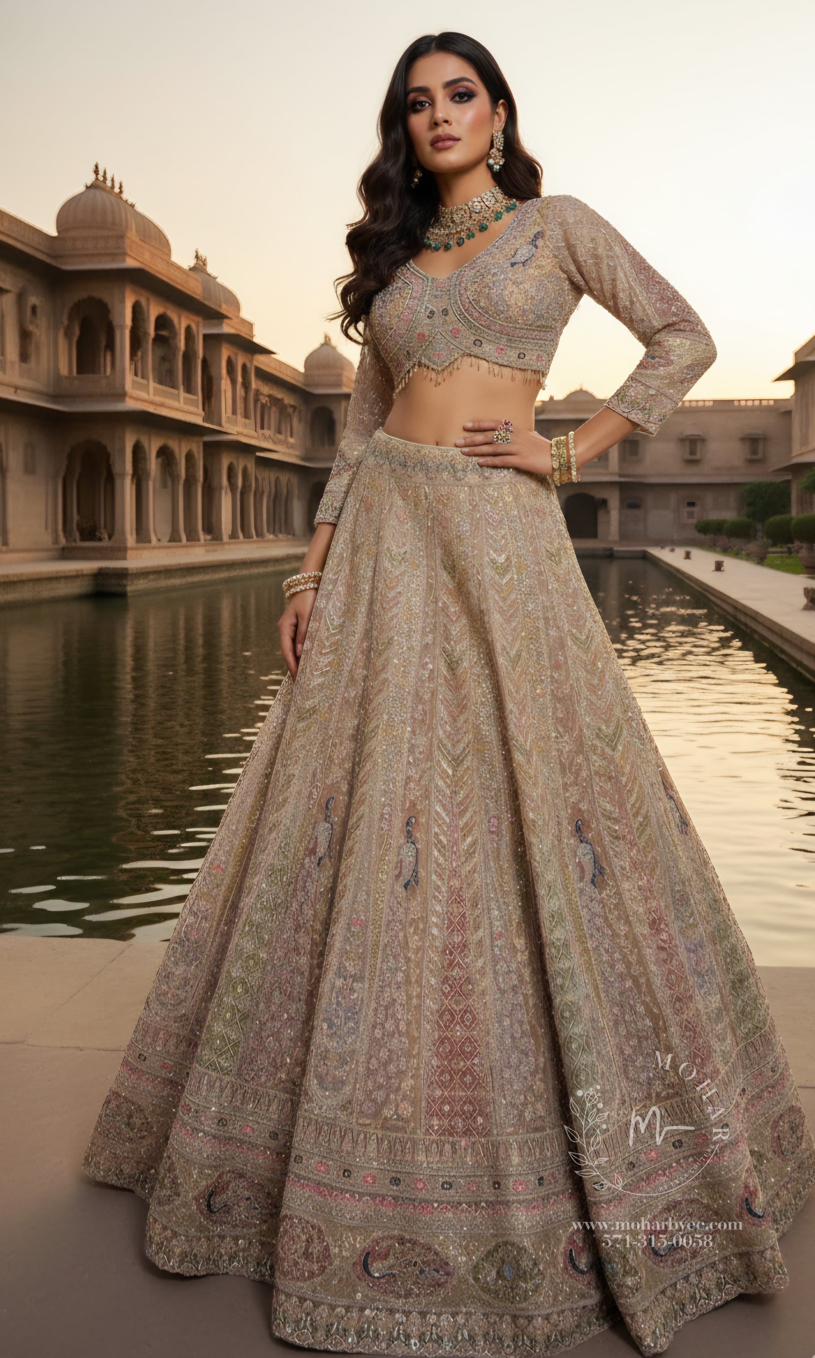 Champagne Peacock Net Lehenga - Luxe Bridal Collection
