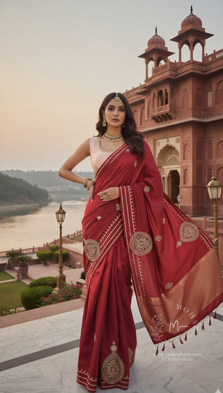 Regal Maroon Embellished Silk Saree with Gold Embroidery