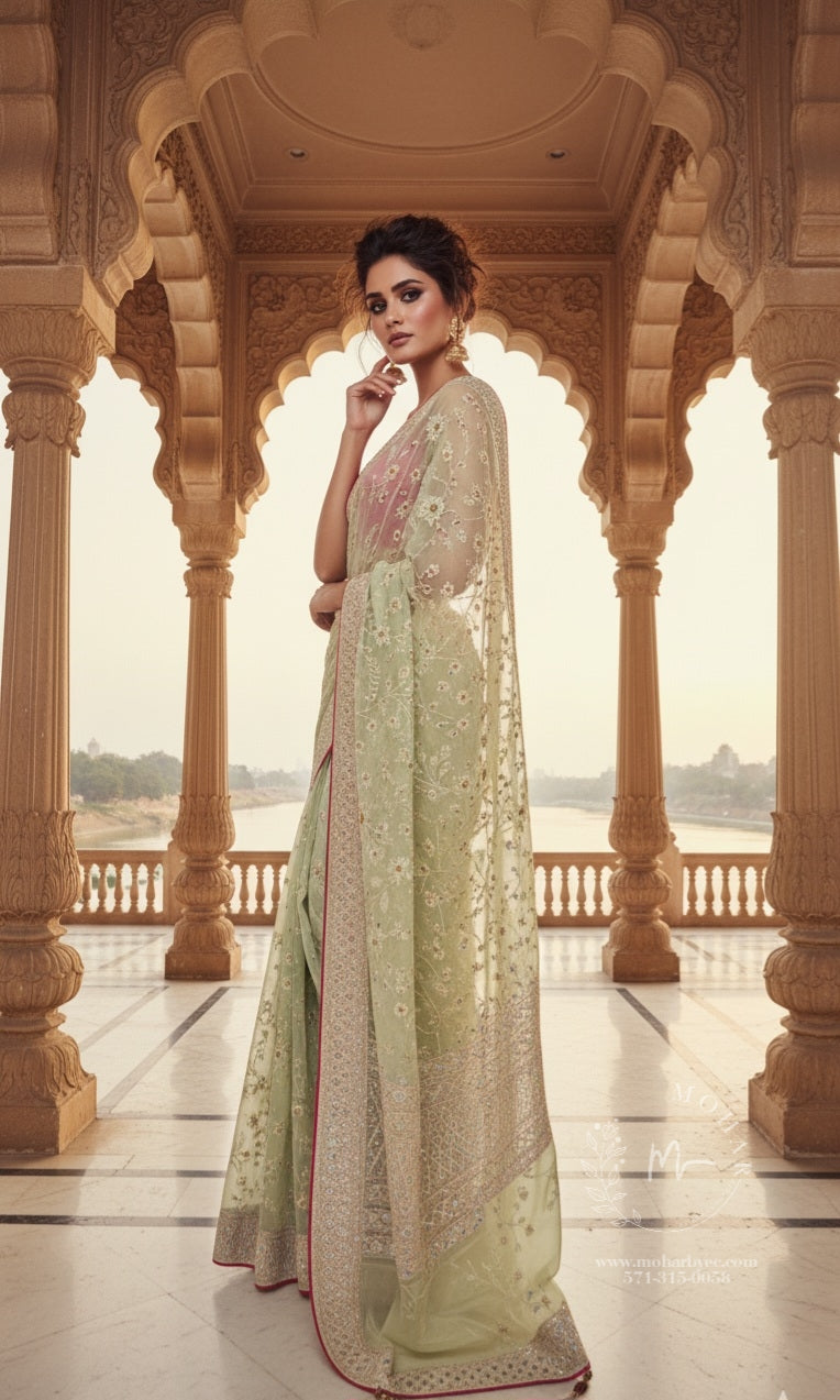 Elegant Sage Green Embellished Saree with Floral Embroidery