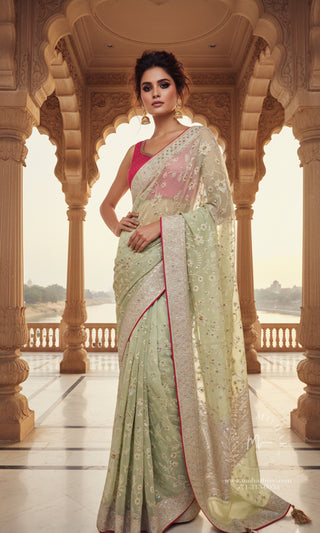 Elegant Sage Green Embellished Saree with Floral Embroidery