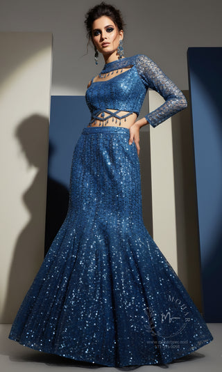 Midnight Blue Sequined Mermaid Lehenga Set