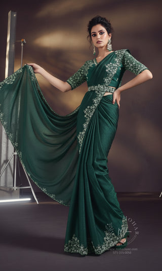 Forest Green Embroidered Satin Pre-Stitched Saree