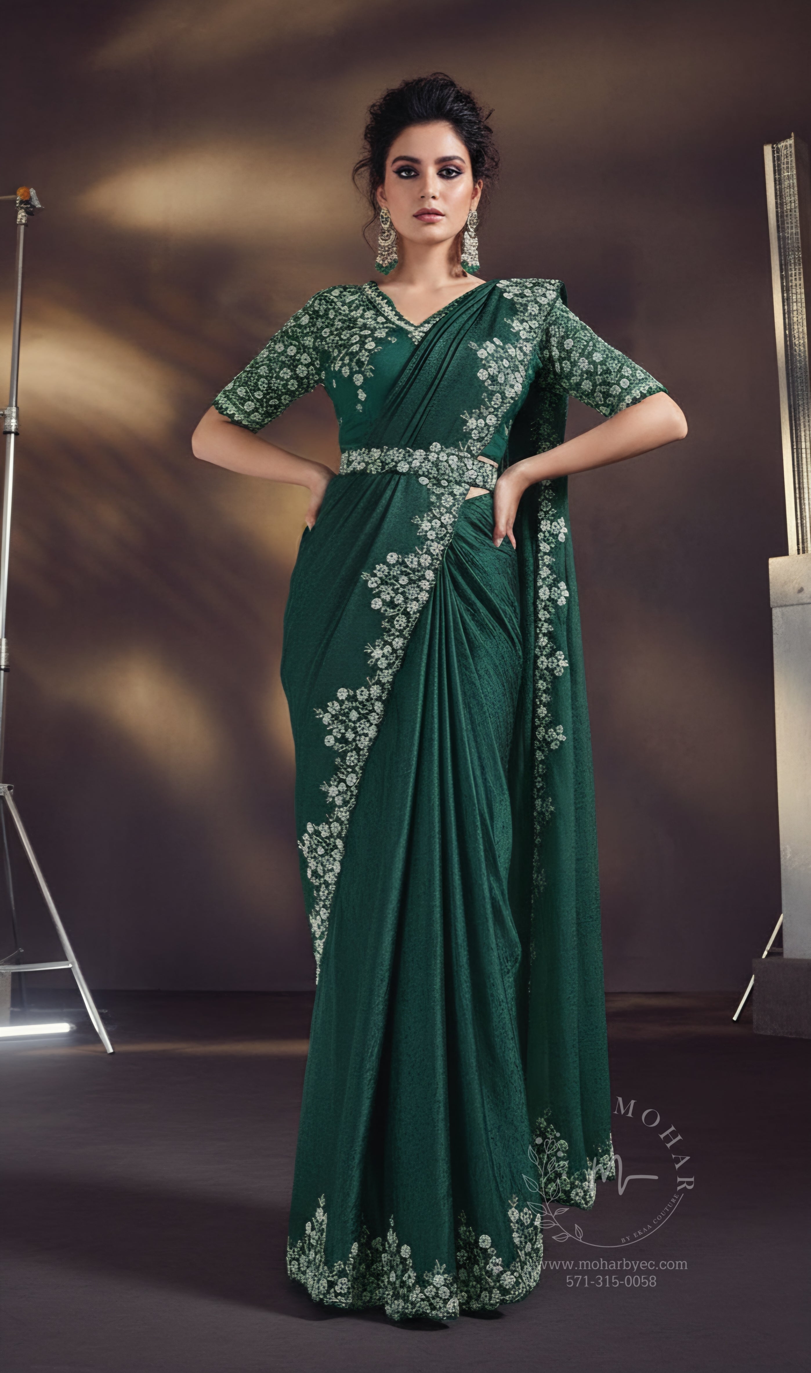 Forest Green Embroidered Satin Pre-Stitched Saree
