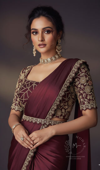 Wine Burgundy Embroidered Satin Pre-Stitched Saree