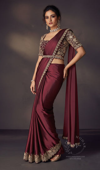 Wine Burgundy Embroidered Satin Pre-Stitched Saree