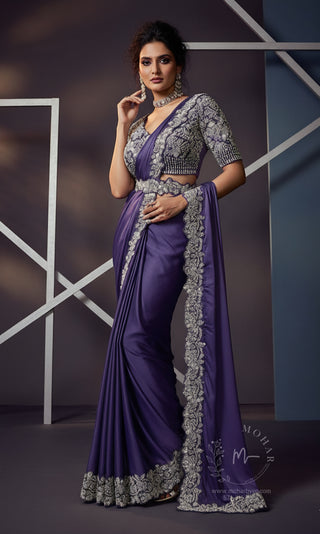 Deep Purple Embroidered Satin Pre-Stitched Saree