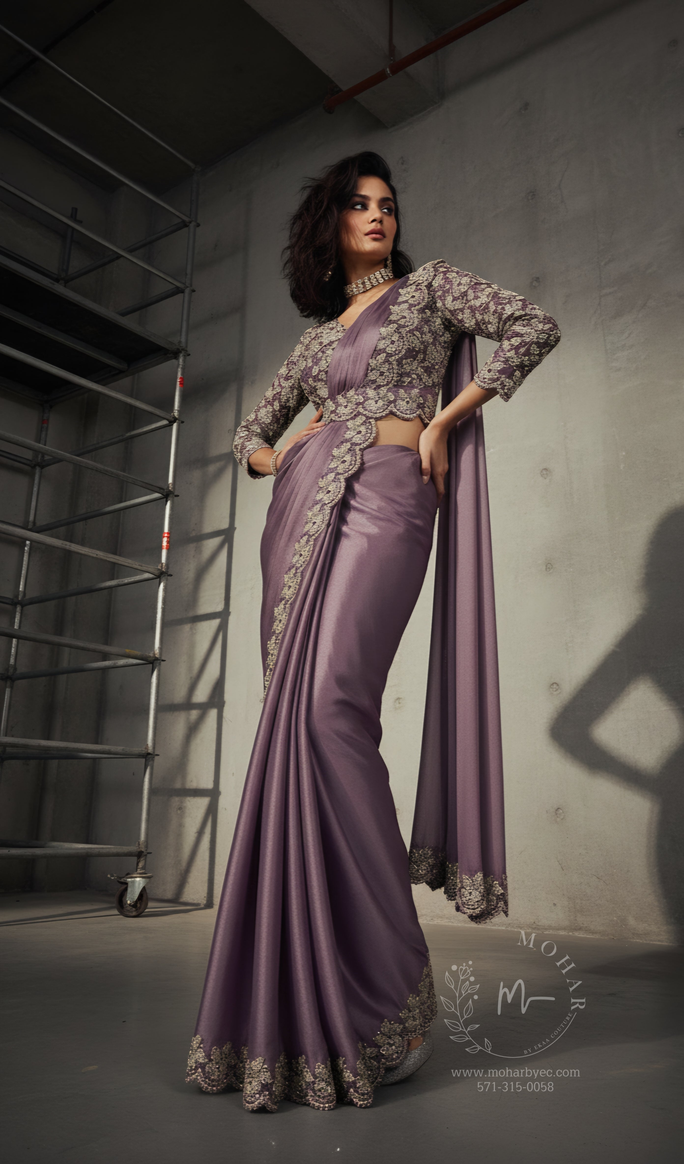 Mauve Purple Embroidered Satin Pre-Stitched Saree