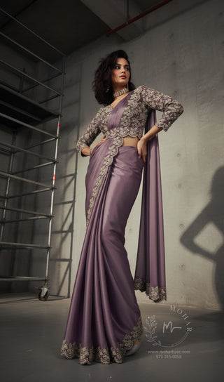 Mauve Purple Embroidered Satin Pre-Stitched Saree
