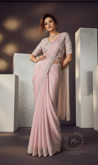 Blush Pink Embroidered Organza Pre-Stitched Saree