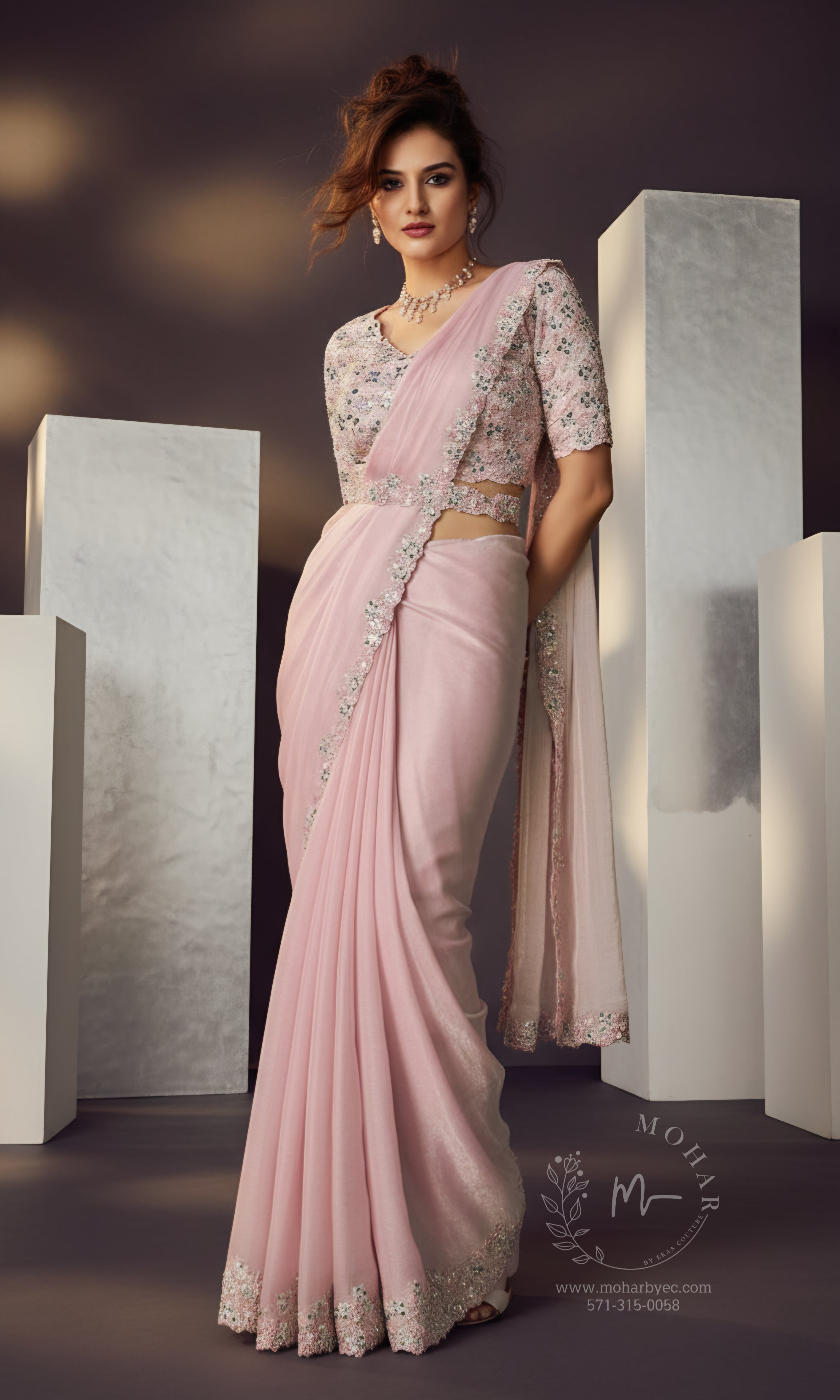 Blush Pink Embroidered Organza Pre-Stitched Saree