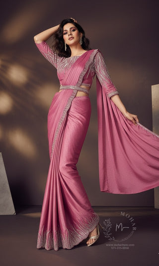 Rose Pink Embroidered Satin Pre-Stitched Saree