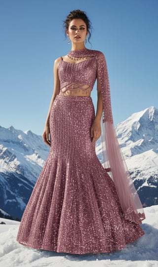 Rose Pink Sequined Mermaid Lehenga Set with Asymmetric Drape