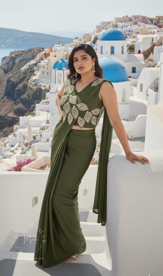 Olive Green Embroidered Pre-Stitched Saree with Designer Blouse