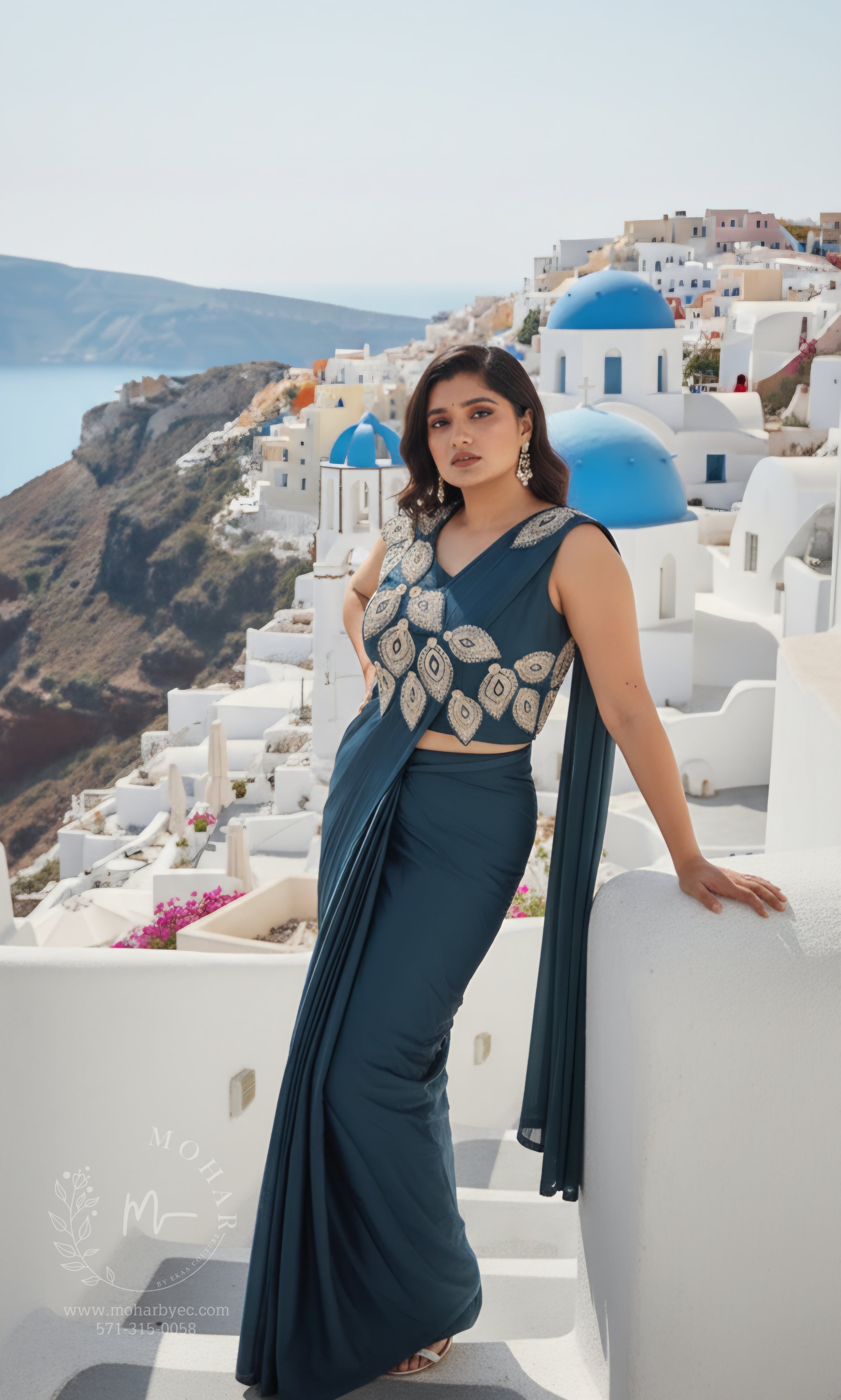 Teal Embroidered Pre-Stitched Saree with Designer Blouse